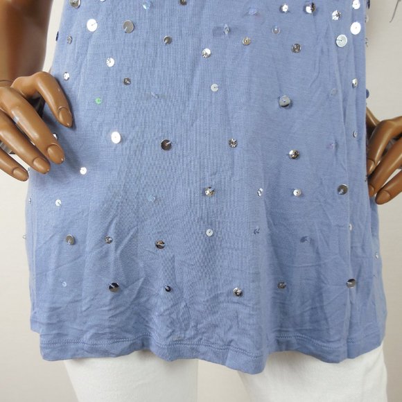 INC Top XL Blue Confetti Sequin  Party Shirt Stretch Short Sleeve Runs Small - Picture 5 of 8